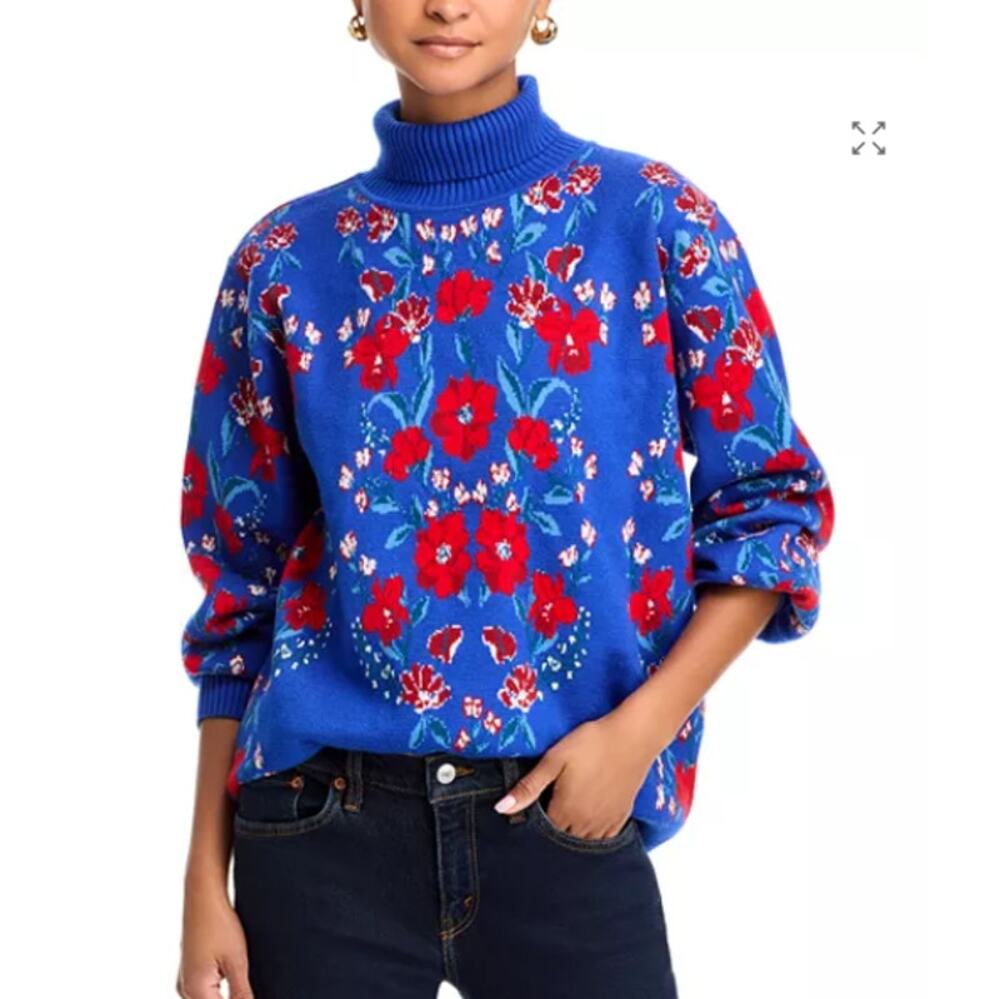 FARM RIO Butterflower Turtleneck Sweater Blue Red Floral Oversized Boho